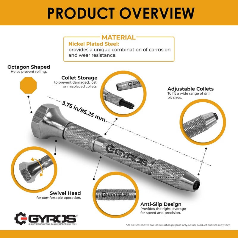 Gyros Professional Swivel Head Pin Vise Hand Drill with Anti-Slip Nickel Plated Steel Body and Two Reversible Collets for Precision Drilling - Image 2